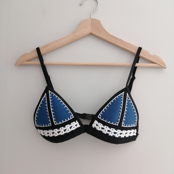 Triangl Crochet Neoprene Bikini Top Navy with Blue and White Swim Bathing XS - Picture 2 of 13